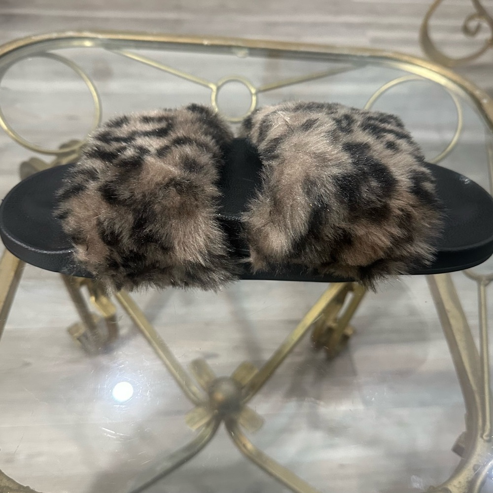 Faux Fur Leopard Slide Sandal - Women's Leopard Print